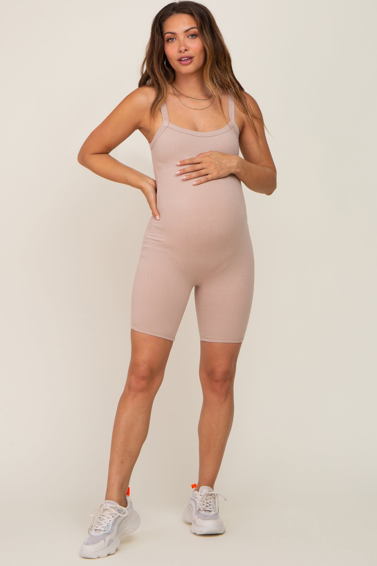 Taupe Ribbed Bodycon Maternity Romper– PinkBlush