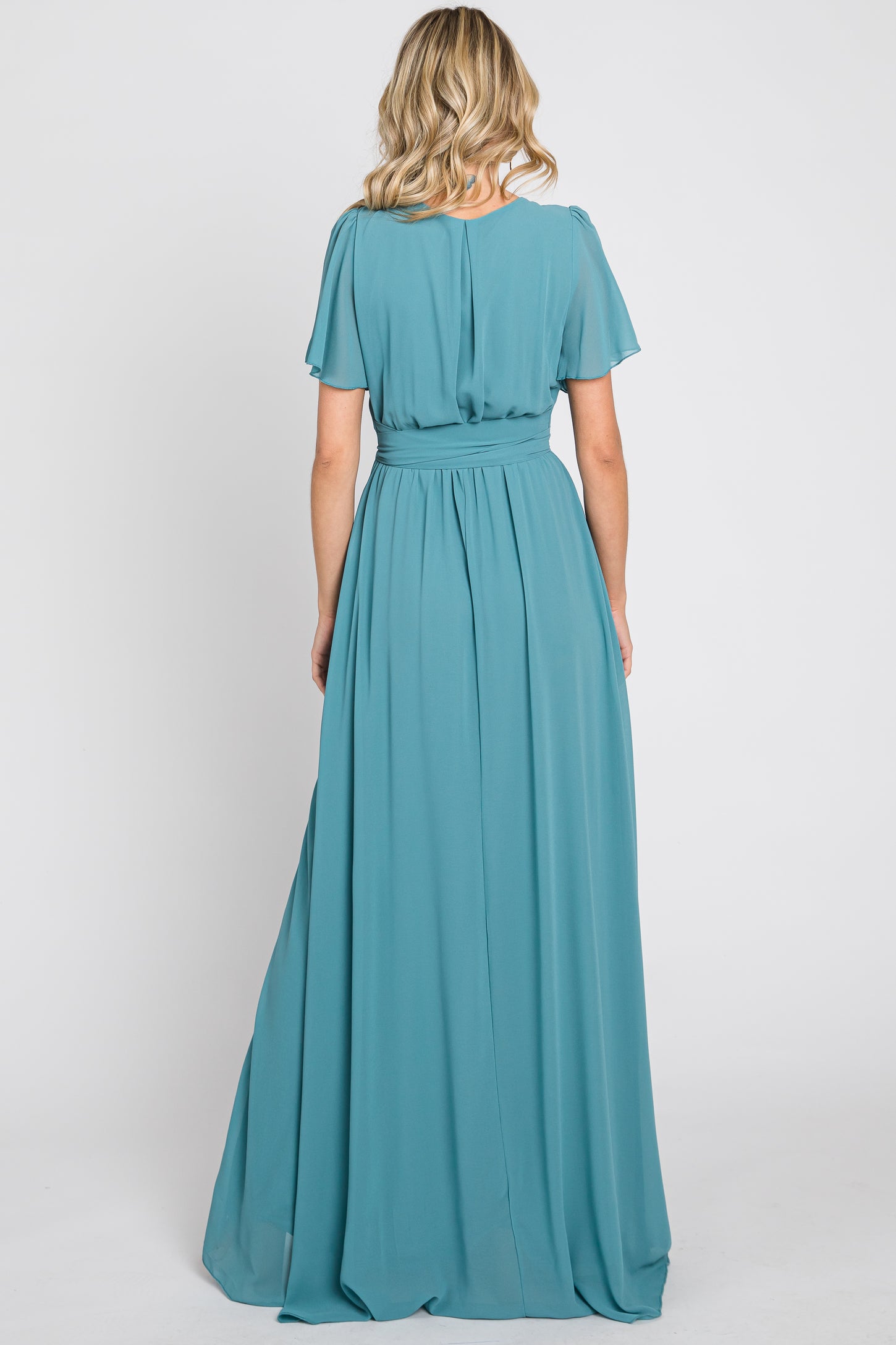 Turquoise Chiffon Short Sleeve Wrap V-Neck Front Slit Maxi Dress
