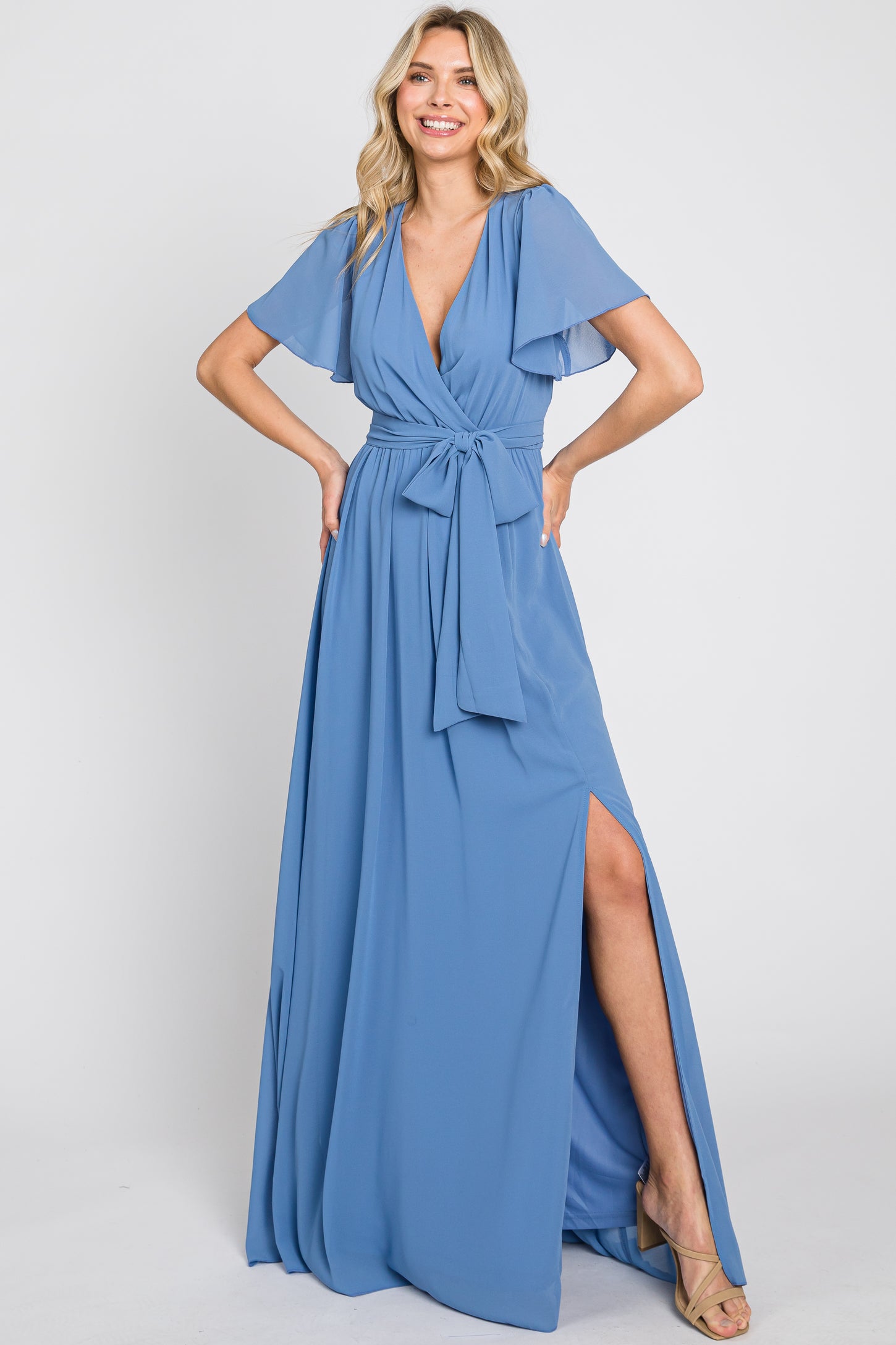 Blue Chiffon Short Sleeve Wrap V-Neck Front Slit Maternity Maxi Dress ...