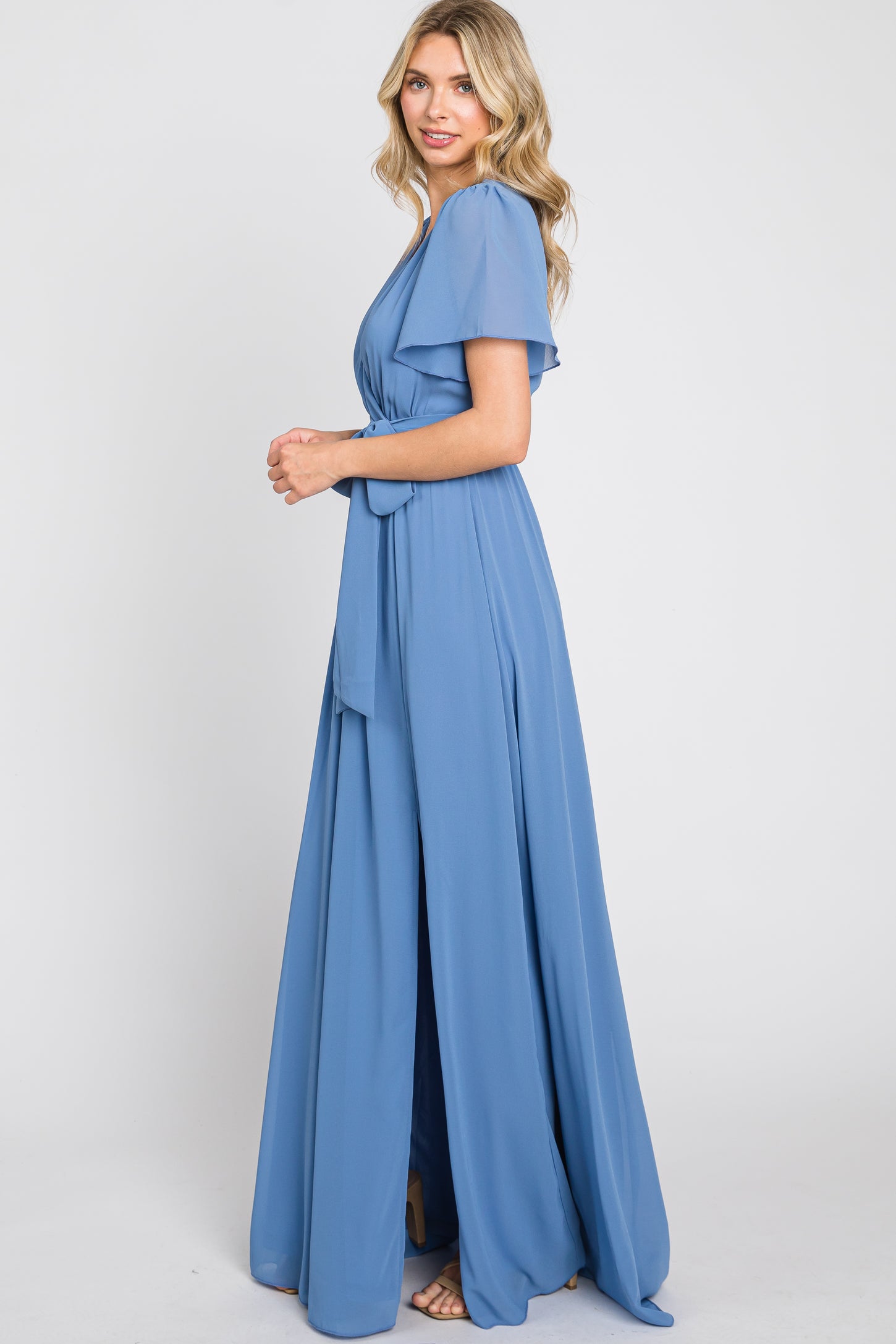 Dusty Blue-Upgrade Maxi Dress - Long Sleeve Dress - V neck Dress