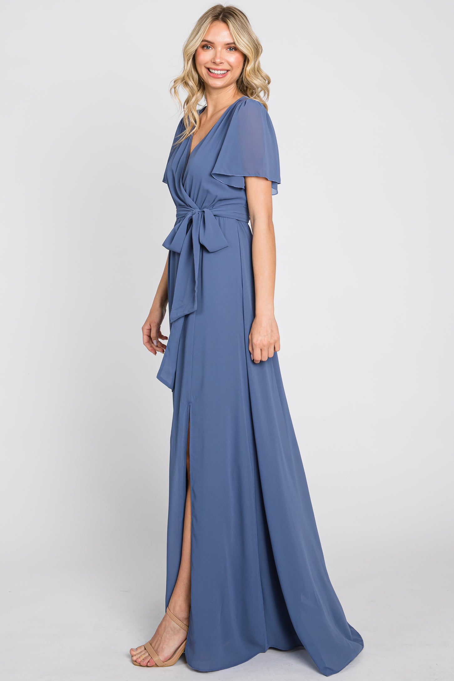 Navy Blue Chiffon Short Sleeve Wrap V-Neck Front Slit Maxi Dress PinkBlush Navy Blue Chiffon Short Sleeve Wrap V-Neck Front Slit Maxi Dress PinkBlush