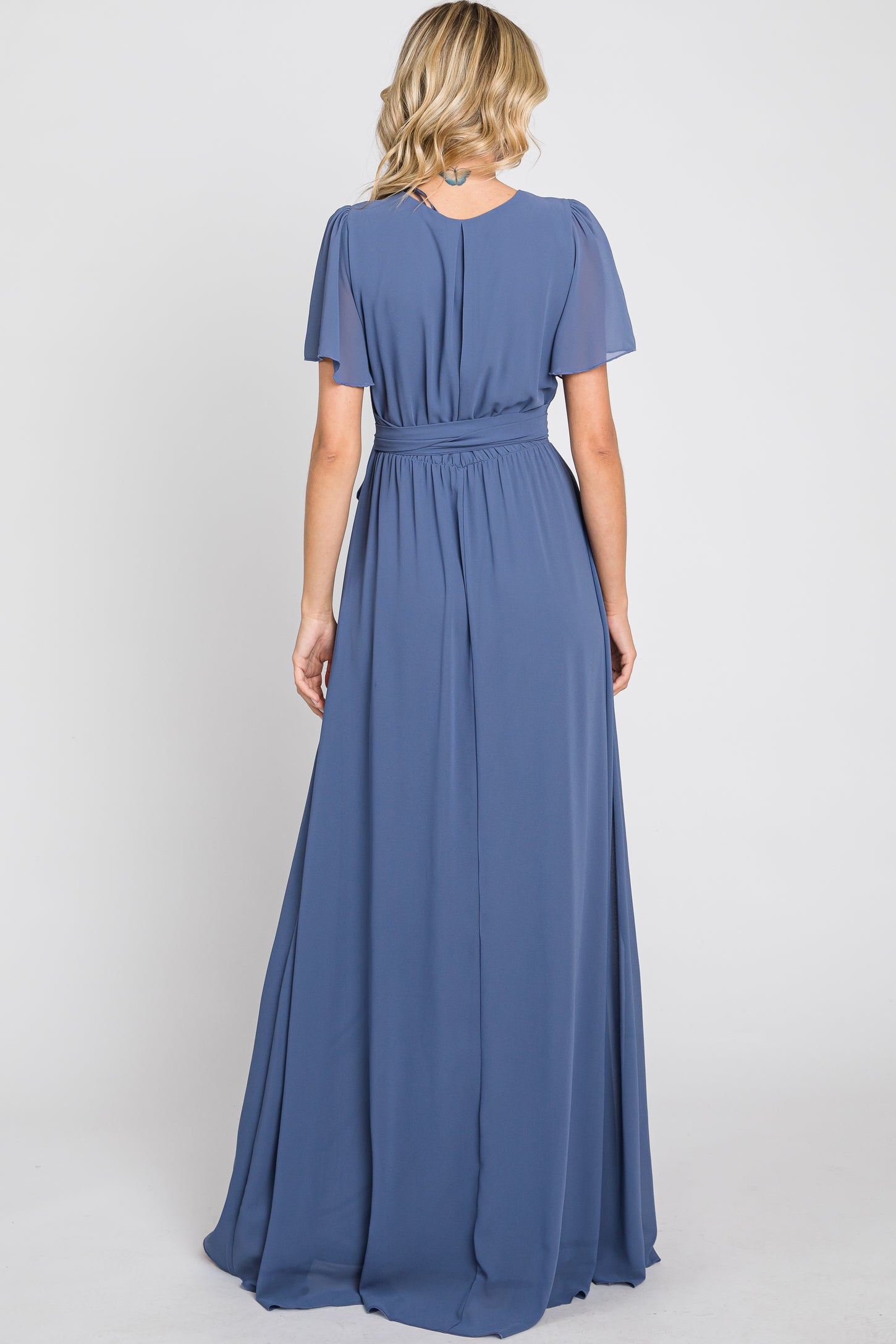 Navy Blue Chiffon Short Sleeve Wrap V-Neck Front Slit Maxi Dress – PinkBlush