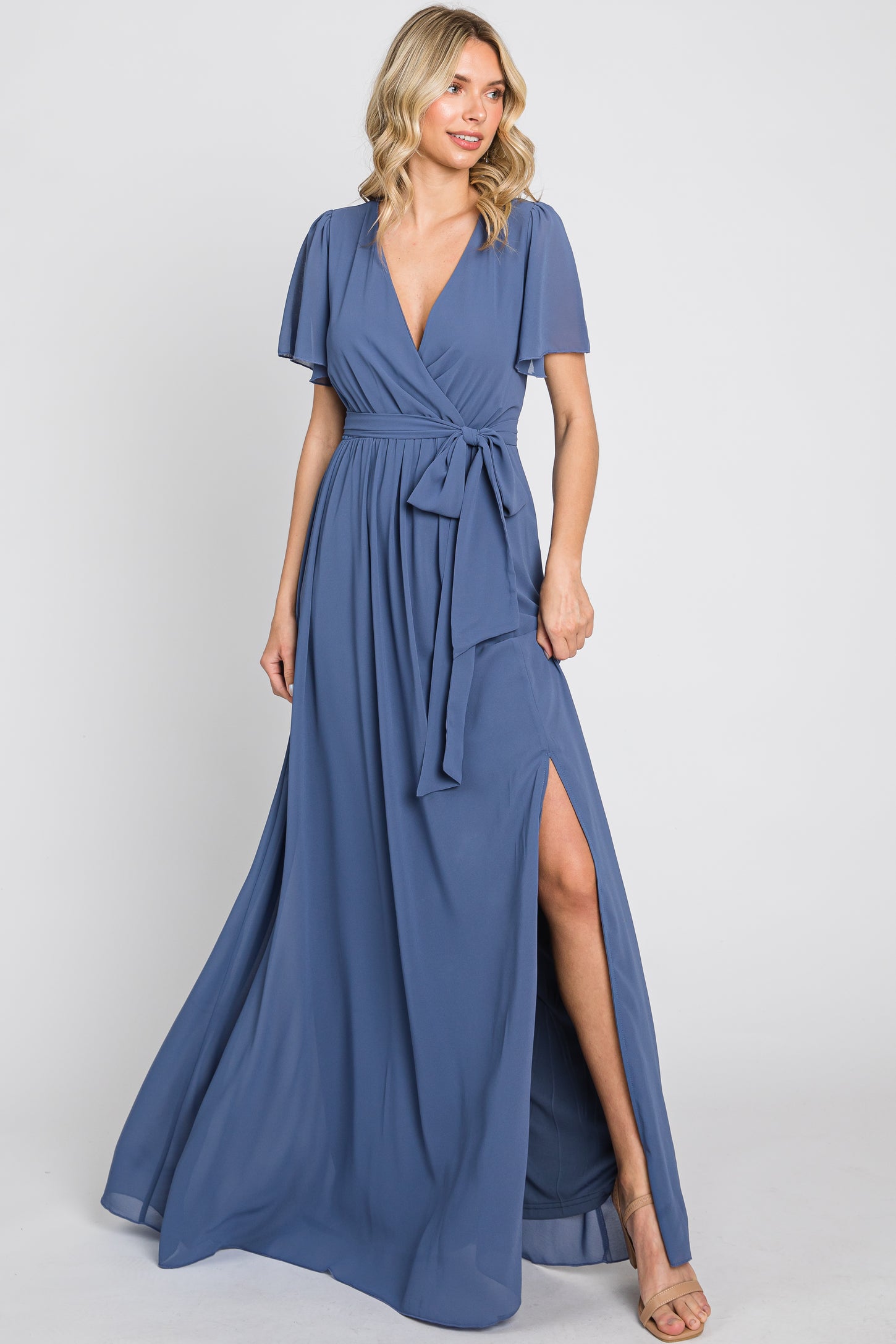 Navy Blue Chiffon Short Sleeve Wrap V-Neck Front Slit Maxi Dress PinkBlush Navy Blue Chiffon Short Sleeve Wrap V-Neck Front Slit Maxi Dress PinkBlush
