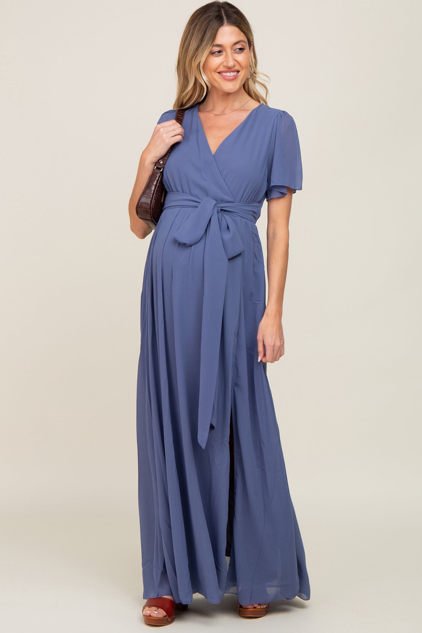 Navy Blue Chiffon Short Sleeve Wrap V-Neck Front Slit Maternity Maxi D