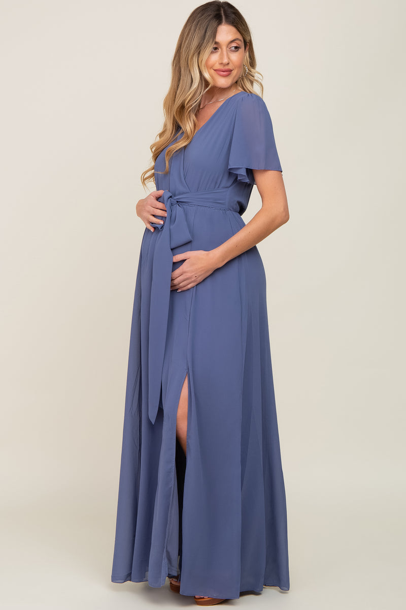 Navy Blue Chiffon Short Sleeve Wrap V-Neck Front Slit Maternity Maxi D ...