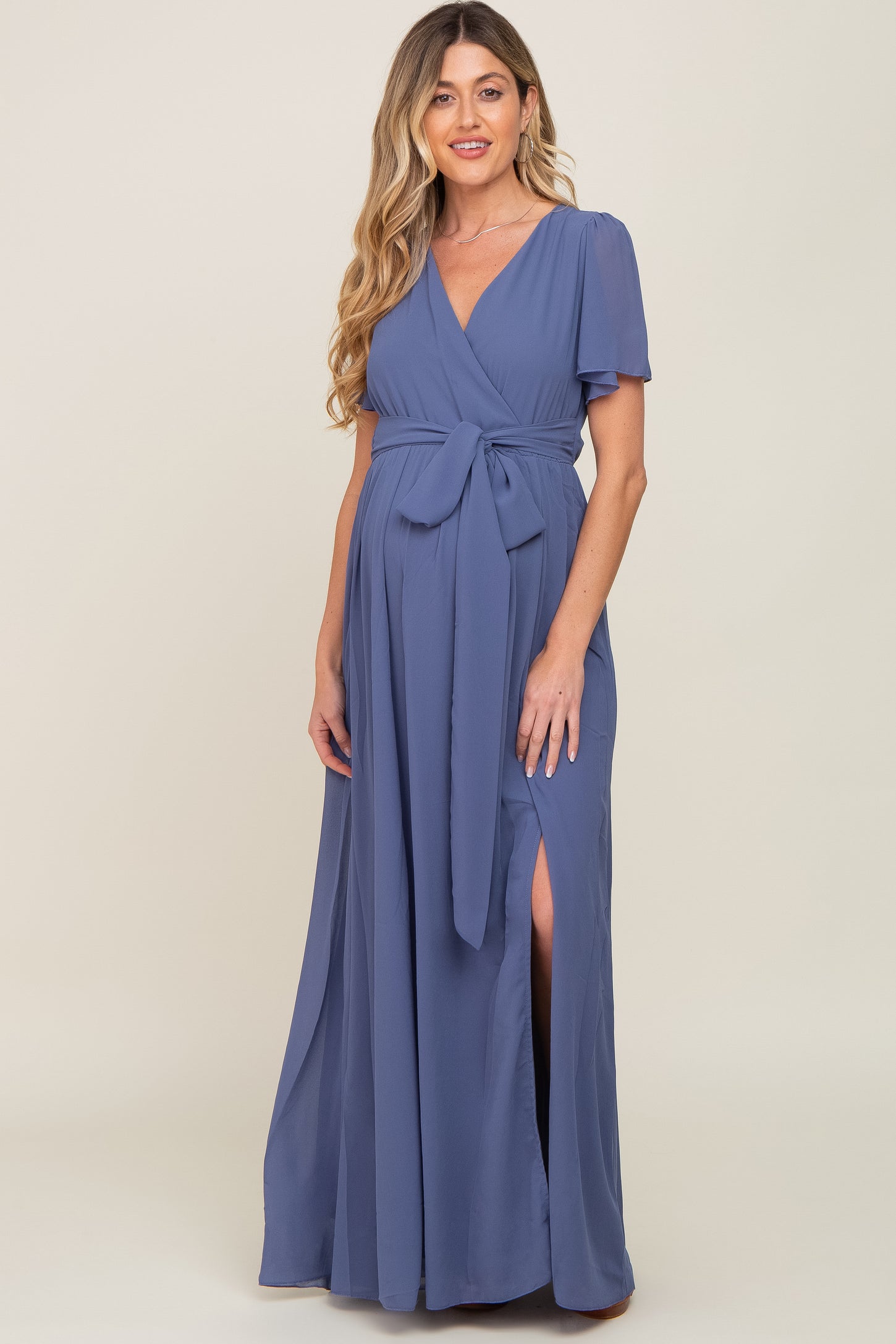Navy Blue Chiffon Short Sleeve Wrap V-Neck Front Slit Maternity Maxi D PinkBlush Navy Blue Chiffon Short Sleeve Wrap V-Neck Front Slit Maternity Maxi D PinkBlush