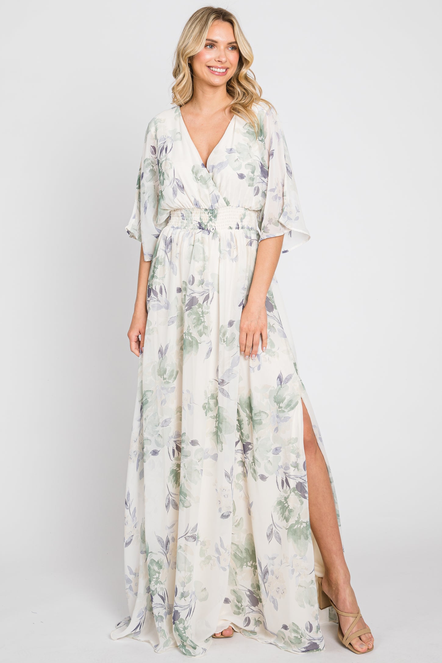 mint green floral wrap dress Mint Green Floral Chiffon Wrap Front V-Neck Long Sleeve Maxi Dress PinkBlush