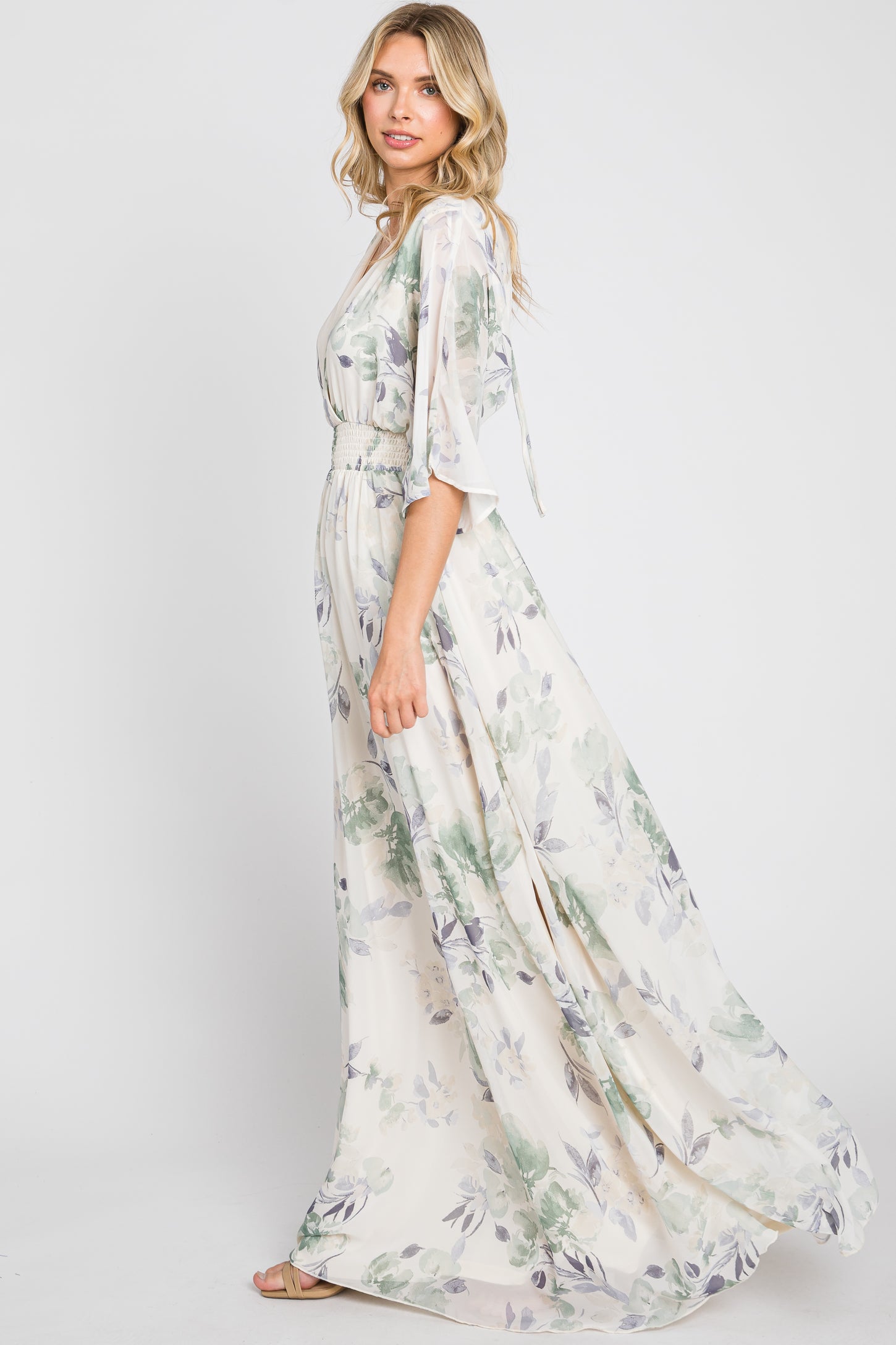 Mint Green Floral Chiffon Double V-Neck Smocked Waist Front Slit Maxi Dress Mint Green Floral Chiffon Double V-Neck Smocked Waist Front Slit Maxi Dress