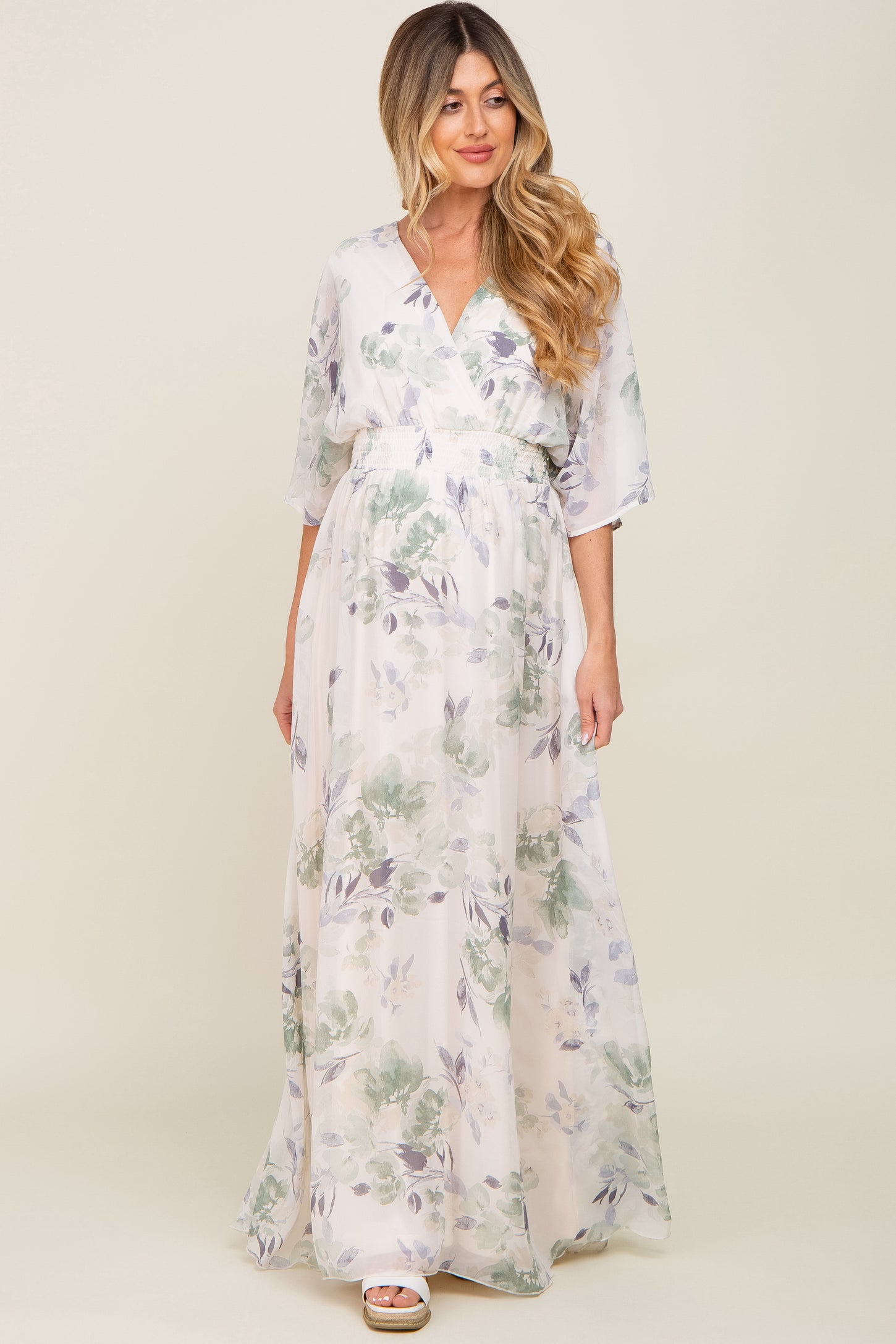 mint floral chiffon dress Mint Green Floral Chiffon Double V-Neck Smocked Waist Front Slit Mater PinkBlush
