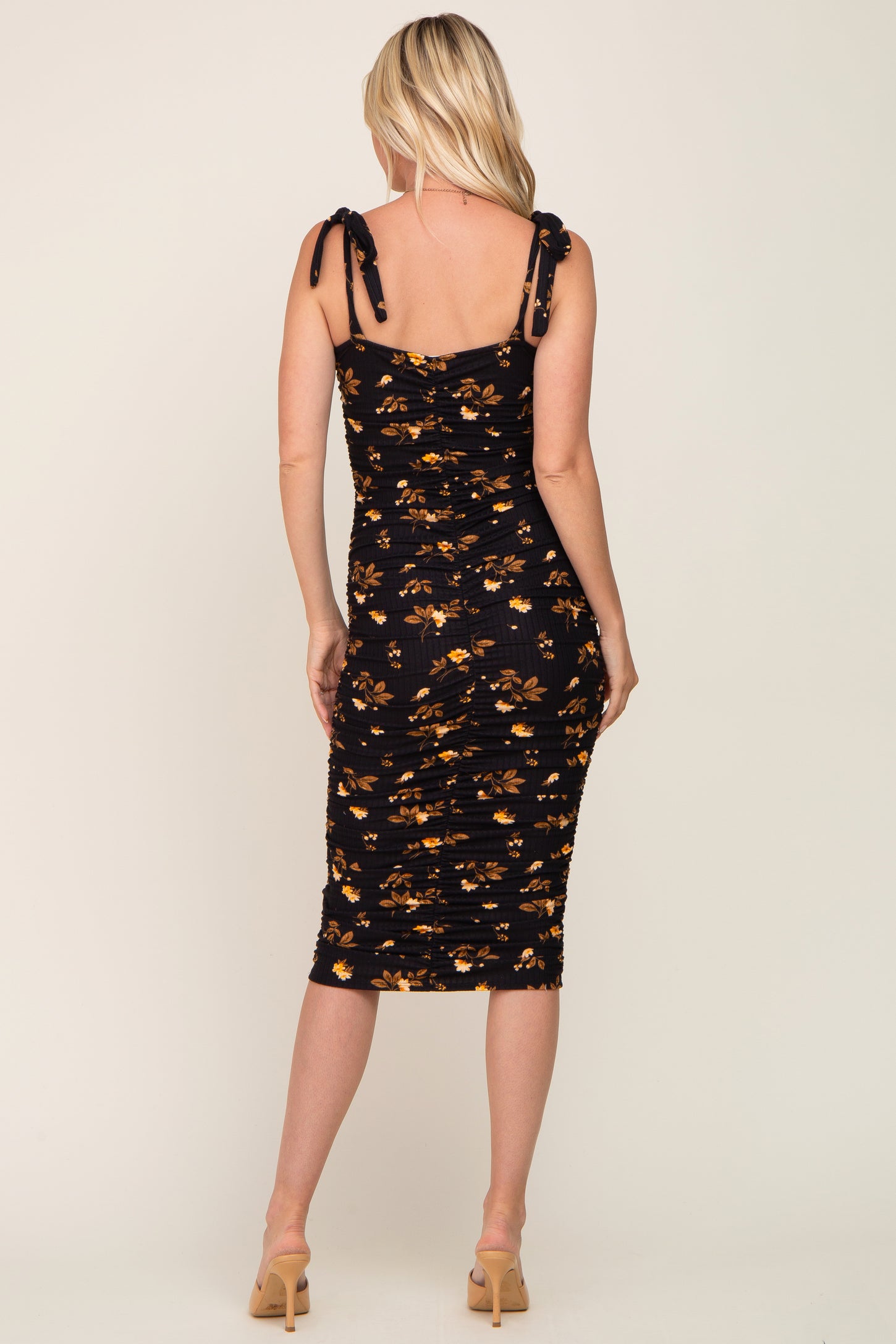 Black Floral Ruched Shoulder Tie Midi Dress PinkBlush Black Floral Ruched Shoulder Tie Midi Dress PinkBlush