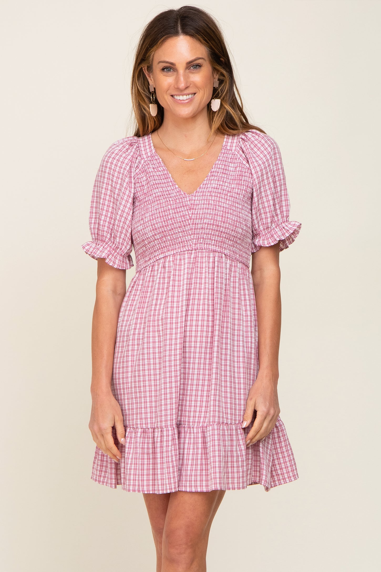 Mauve Plaid Smocked Puff Short Sleeve Dress