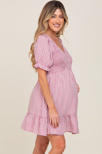 Mauve Plaid Smocked Puff Short Sleeve Maternity Dress