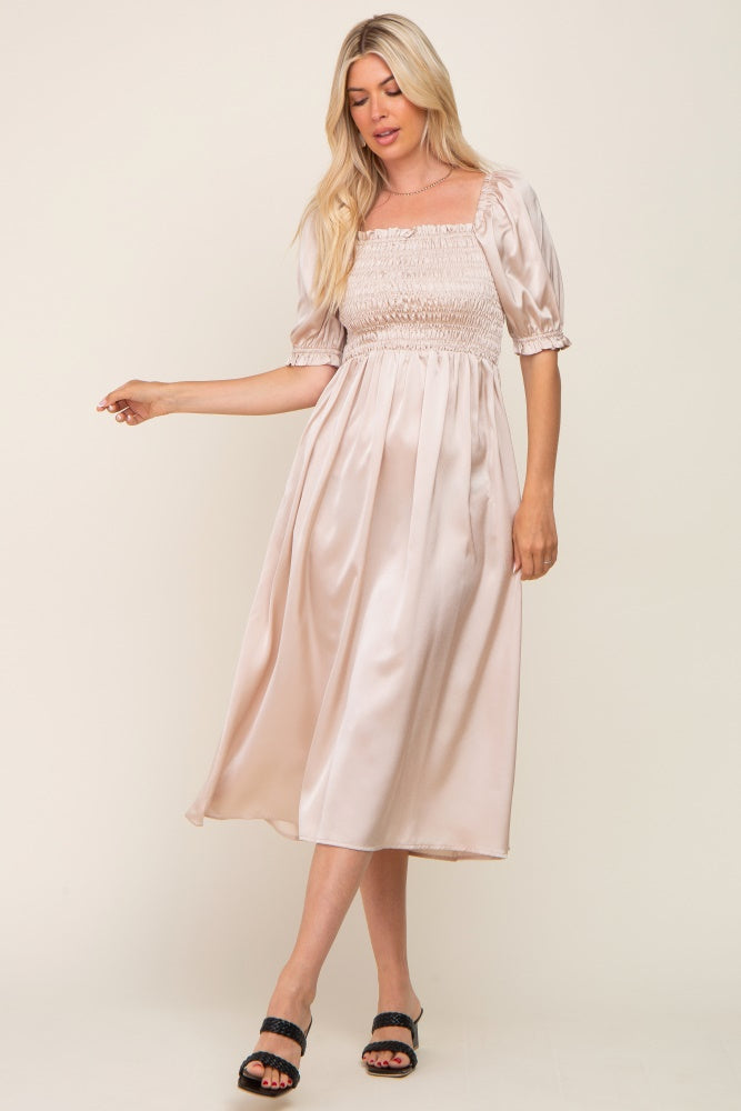 Cream Satin Puff Sleeve Midi Dress – PinkBlush