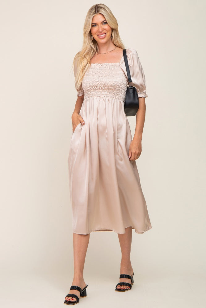 Cream Satin Puff Sleeve Midi Dress – PinkBlush