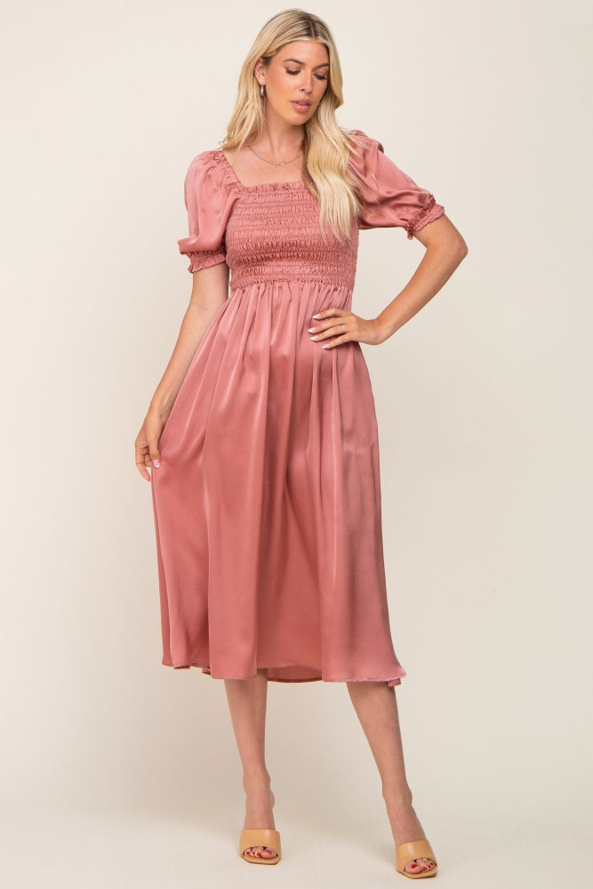 midi pink puff sleeve dress Pink Bow Front Puff Sleeve Midi Dress