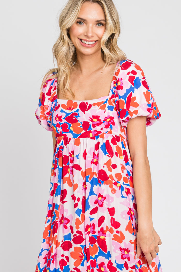Fuchsia Floral Square Neck Short Puff Sleeve Midi Dress
