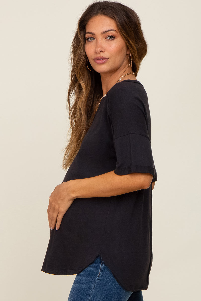 Black Oversized V-Neck Cuffed Short Sleeve Maternity Tee – PinkBlush