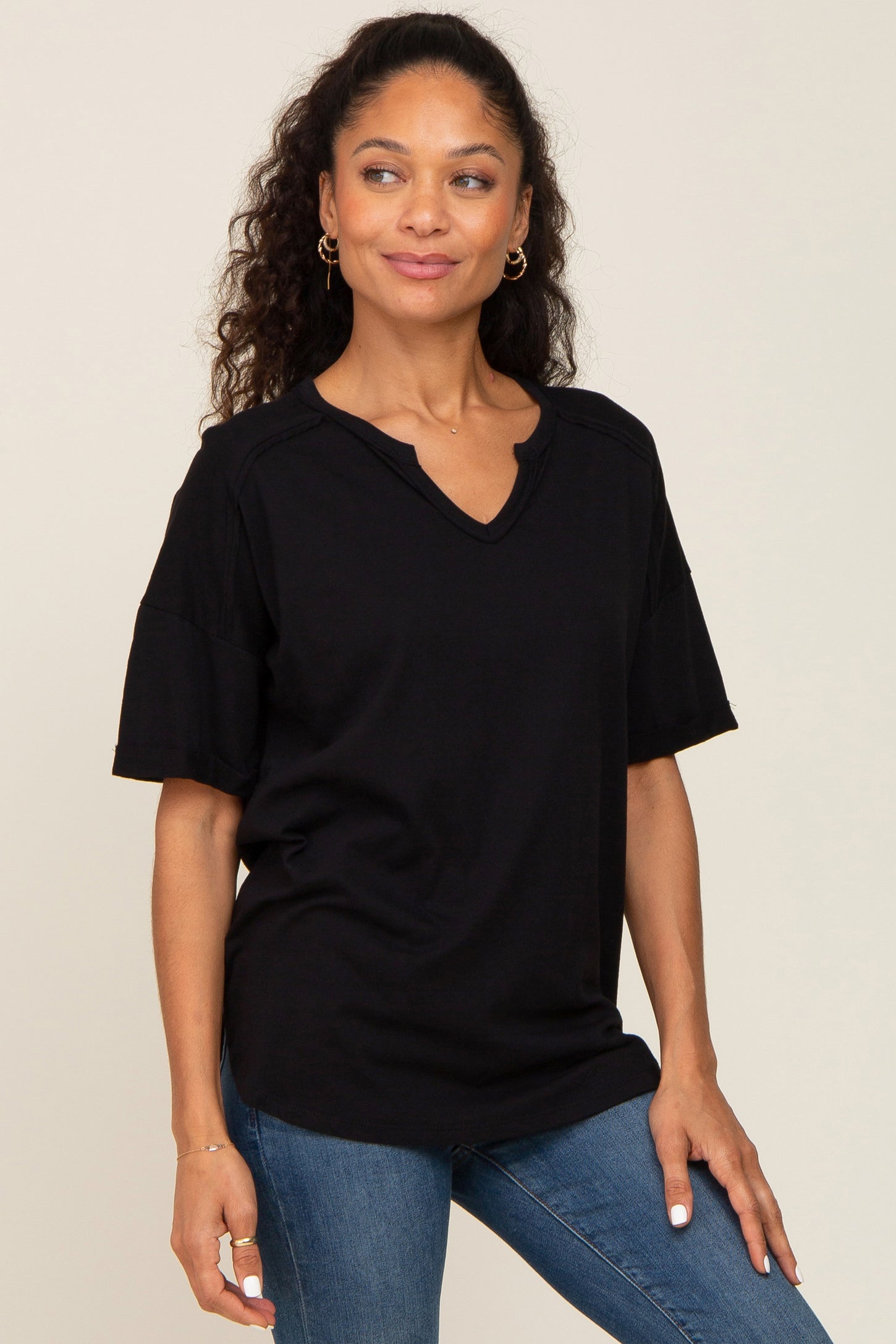 Black Oversized V-Neck Cuffed Short Sleeve Maternity Tee