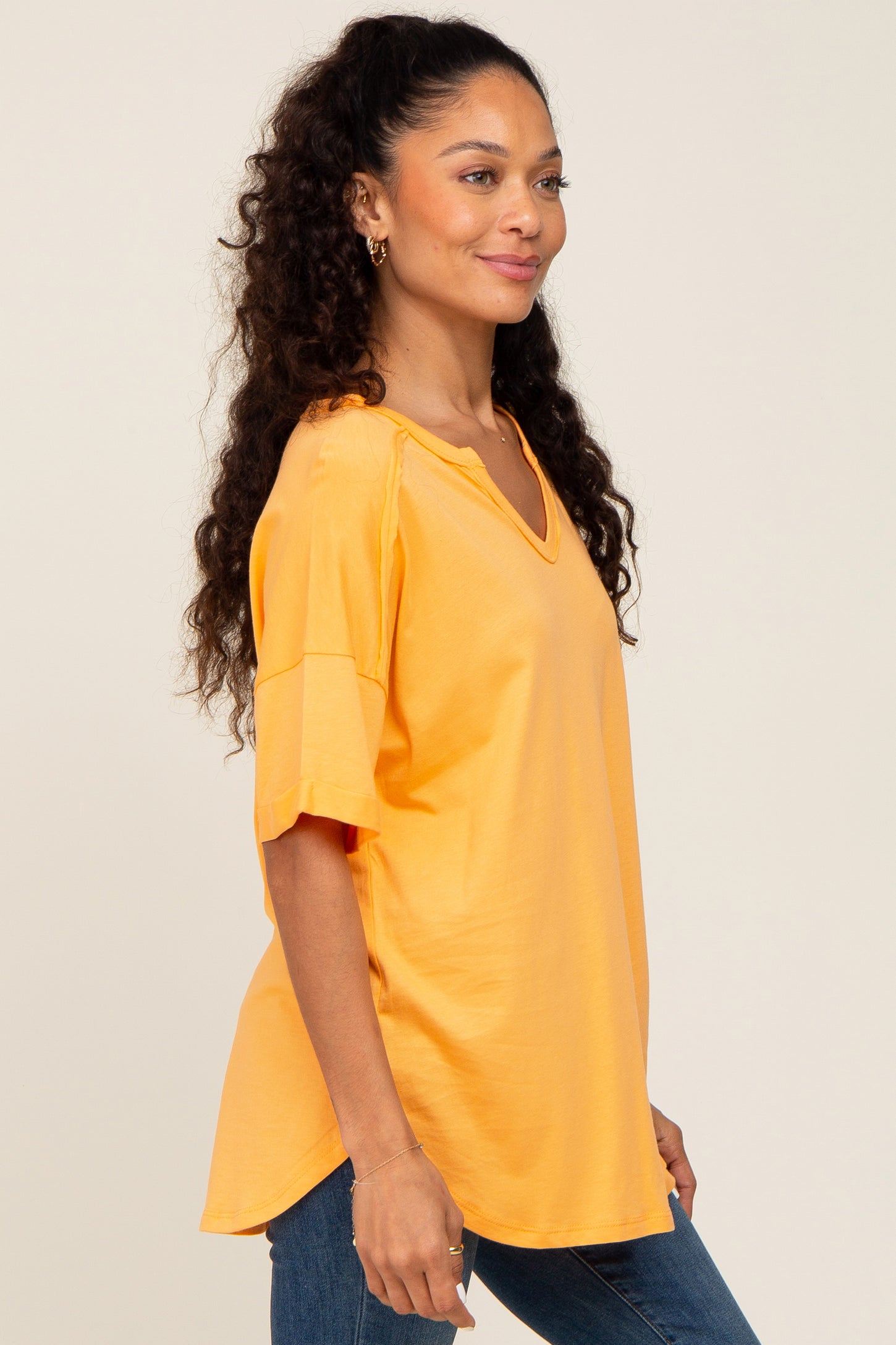 Orange Oversized V-Neck Cuffed Short Sleeve Tee
