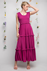 Magenta Smocked Ruffle Tier Maternity Maxi Dress