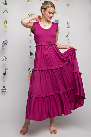 Magenta Smocked Ruffle Tier Maxi Dress