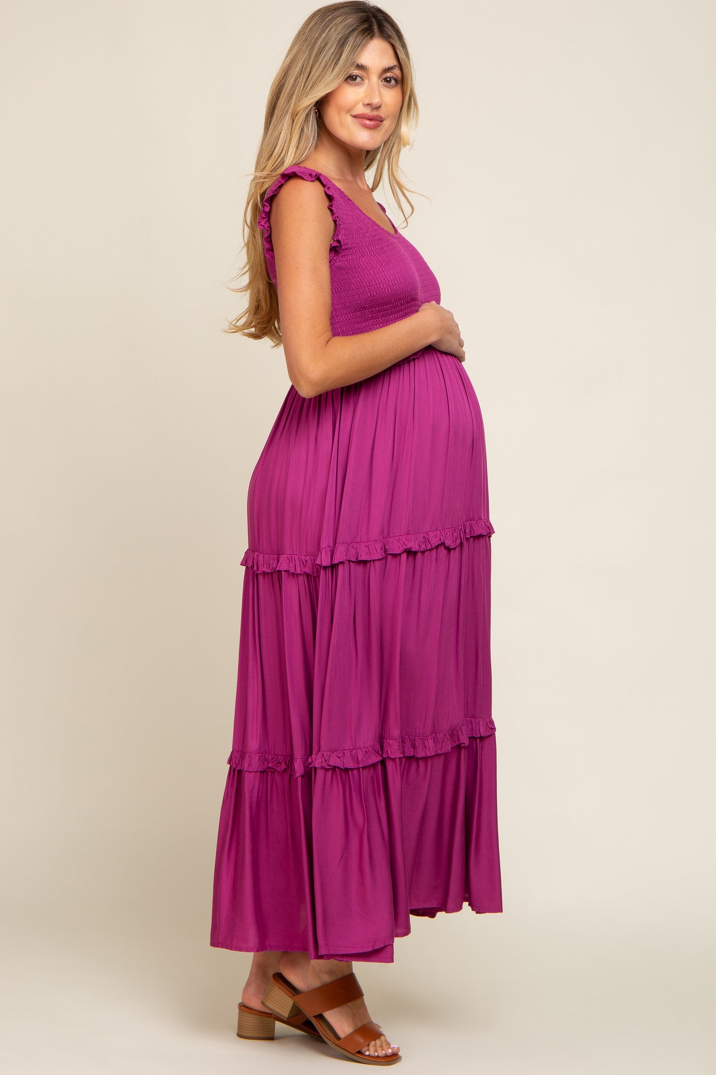 Magenta Smocked Ruffle Tier Maternity Maxi Dress