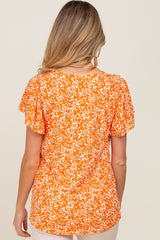 Orange Floral Ribbed Ruffle Short Sleeve Maternity Top