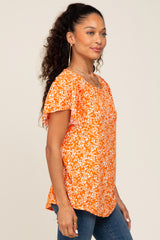 Orange Floral Ribbed Ruffle Short Sleeve Top