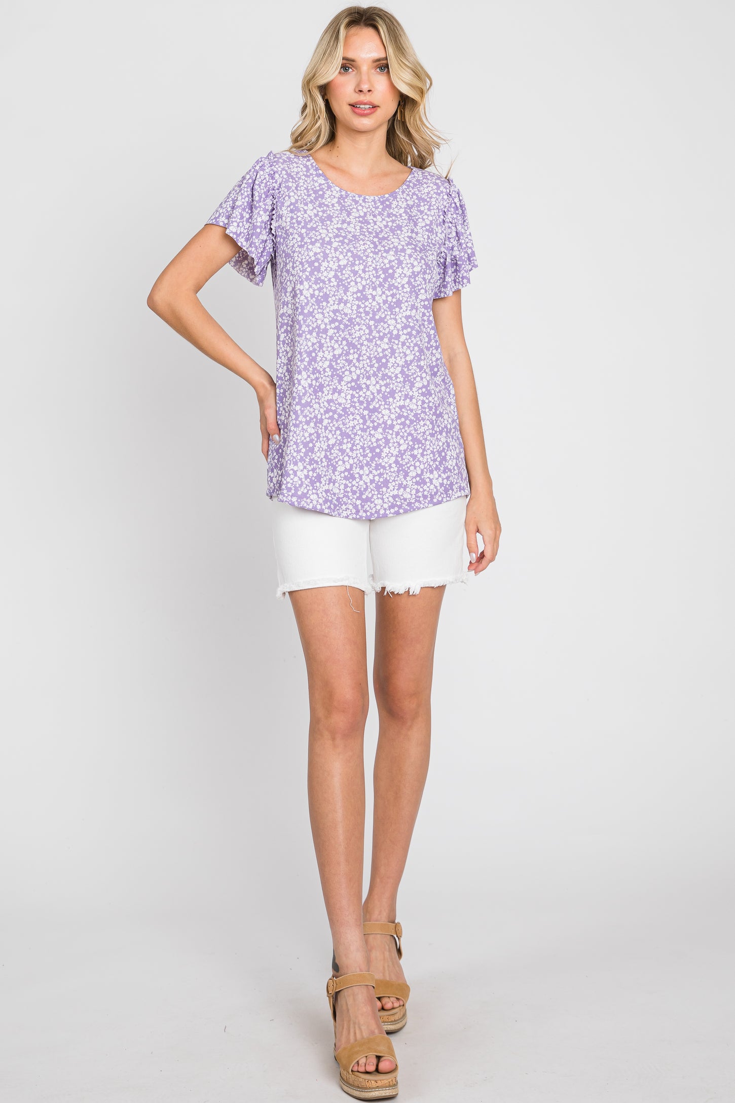 Lavender Floral Ribbed Ruffle Short Sleeve Top