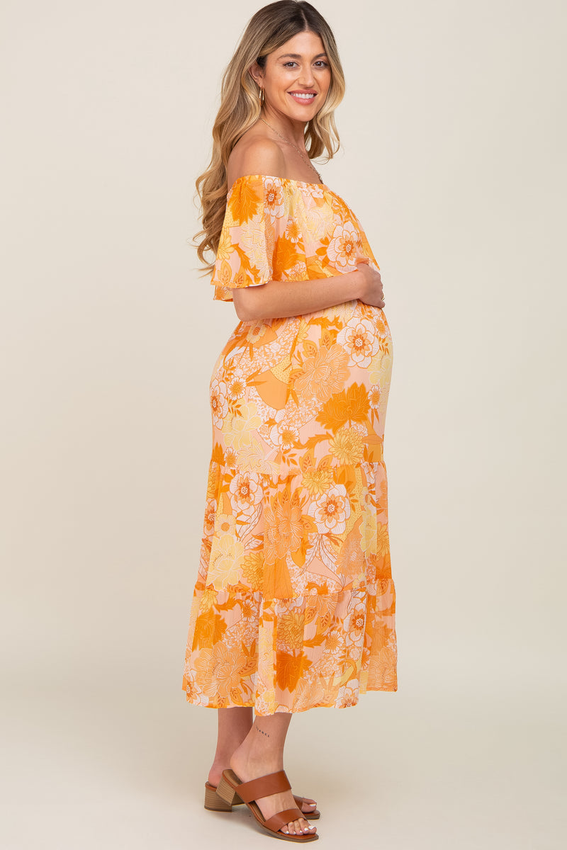 Orange Floral Flounce Off Shoulder Maternity Midi Dress – PinkBlush