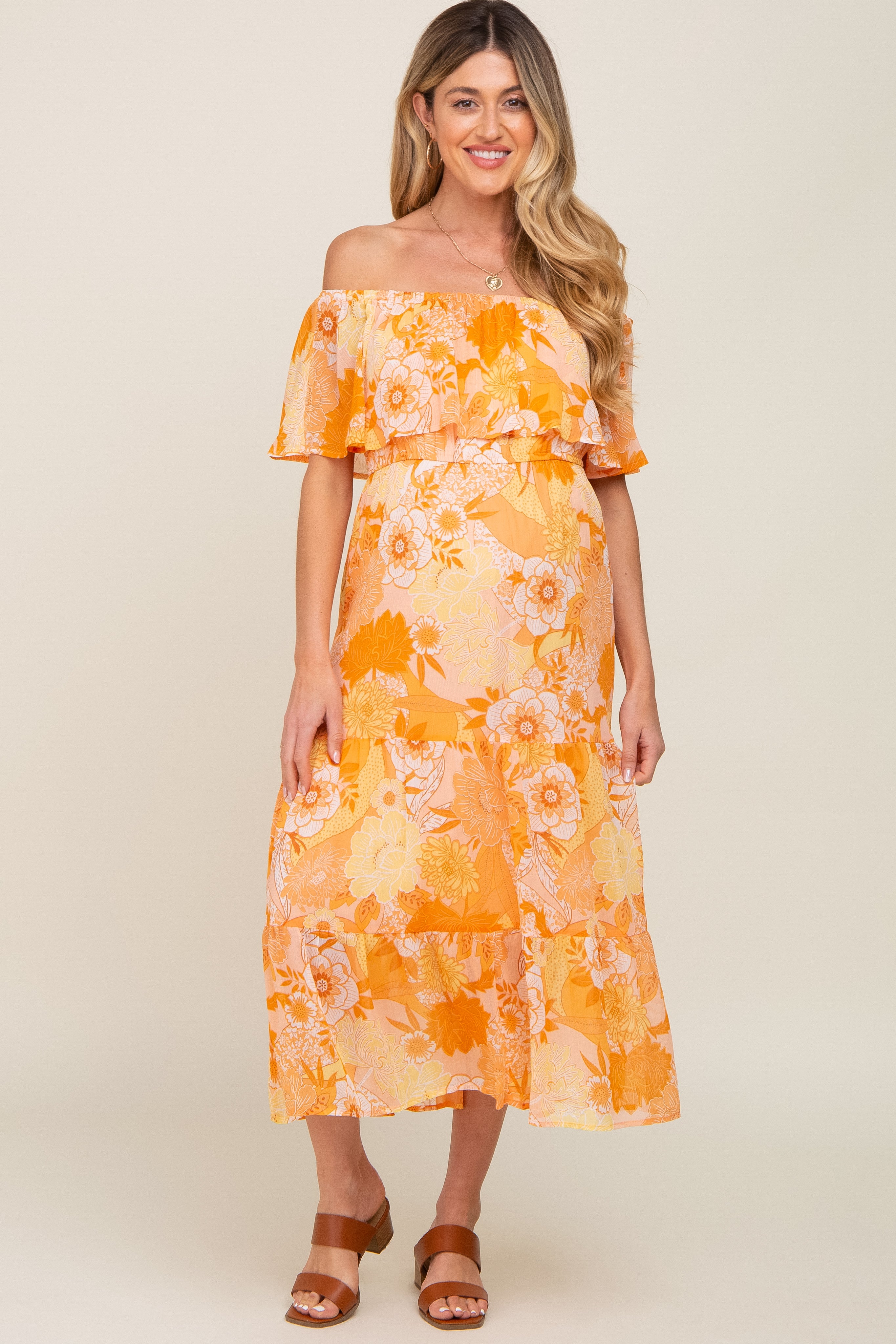 Orange Floral Flounce Off Shoulder Maternity Midi Dress– PinkBlush