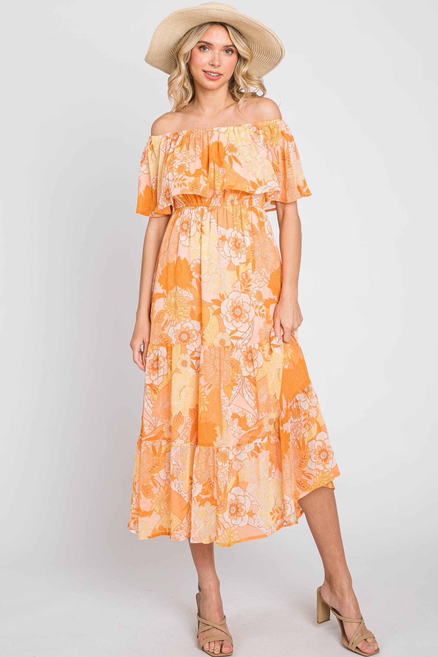 Orange Floral Flounce Off Shoulder Maternity Midi Dress