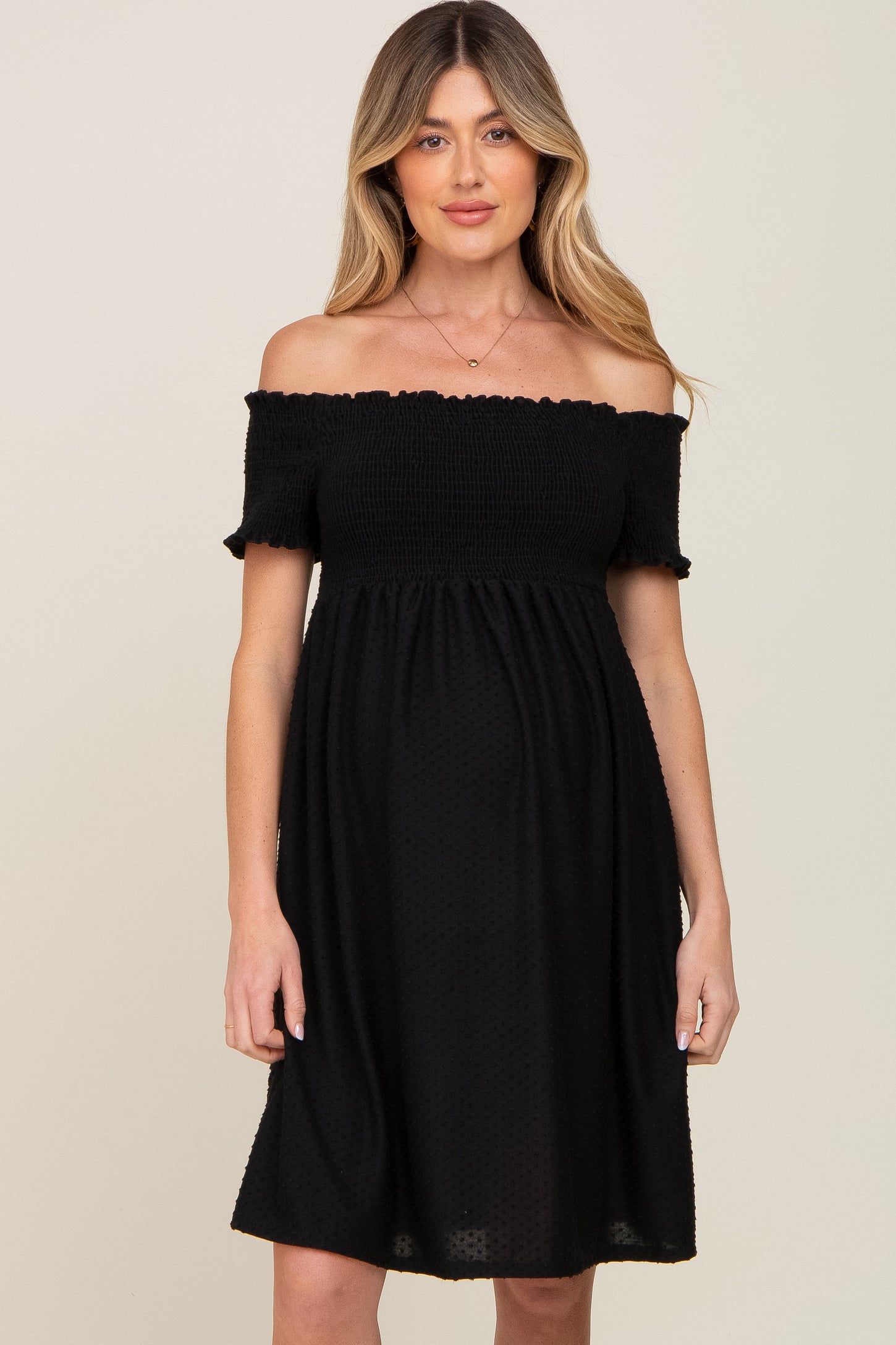 Black Swiss Dot Off Shoulder Maternity Dress – PinkBlush