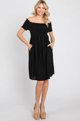 Black Swiss Dot Off Shoulder Dress