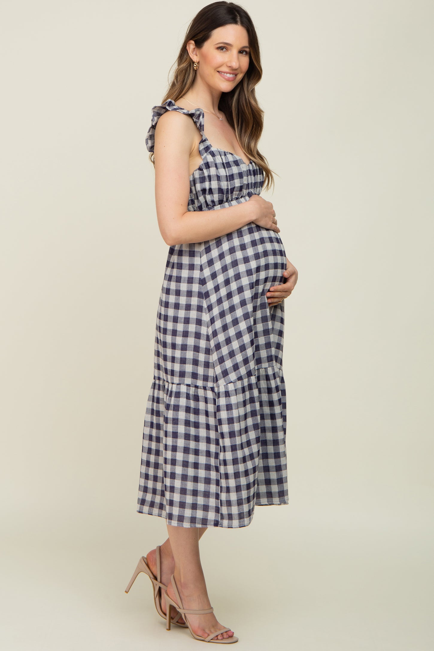 Navy Blue Checkered Linen Sweetheart Neck Ruffle Strap Maternity Midi Dress
