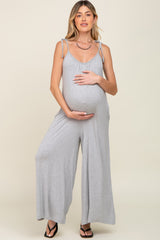 Heather Grey Shoulder Tie Soft Knit Maternity Jumpsuit