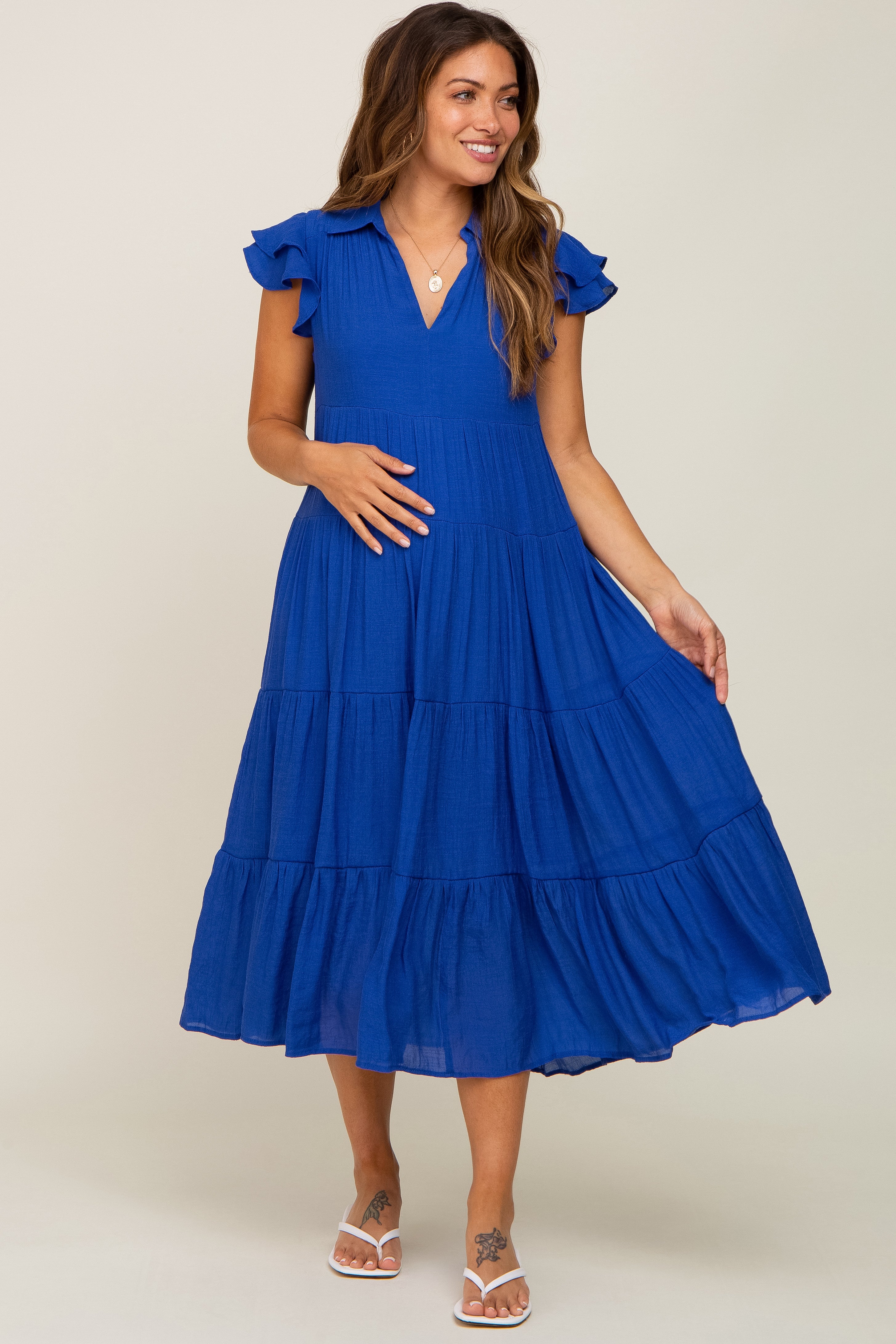 Royal Blue Flutter Sleeve Tiered Maternity Midi Dress – PinkBlush