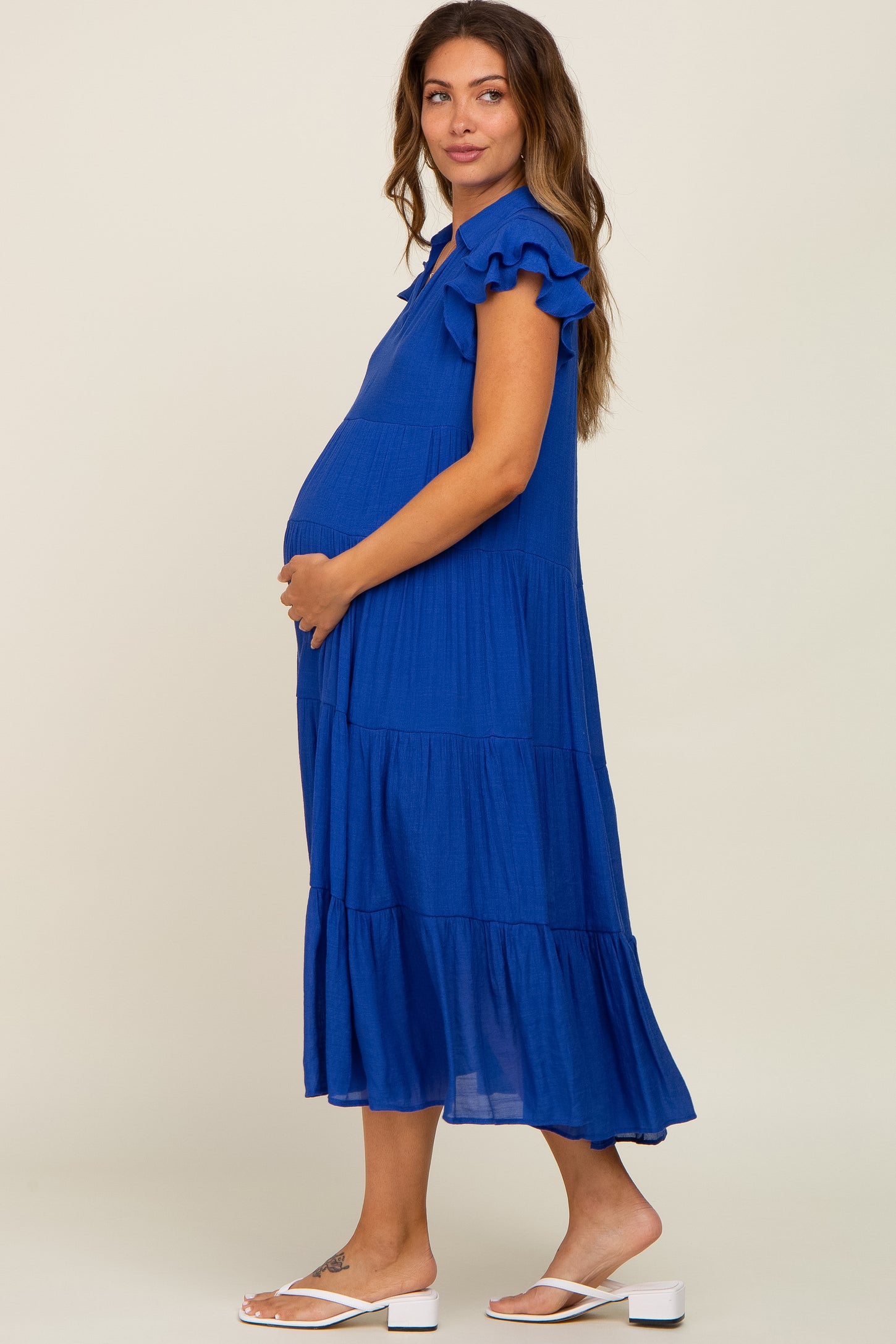 Royal Blue Flutter Sleeve Tiered Maternity Midi Dress Royal Blue Flutter Sleeve Tiered Maternity Midi Dress