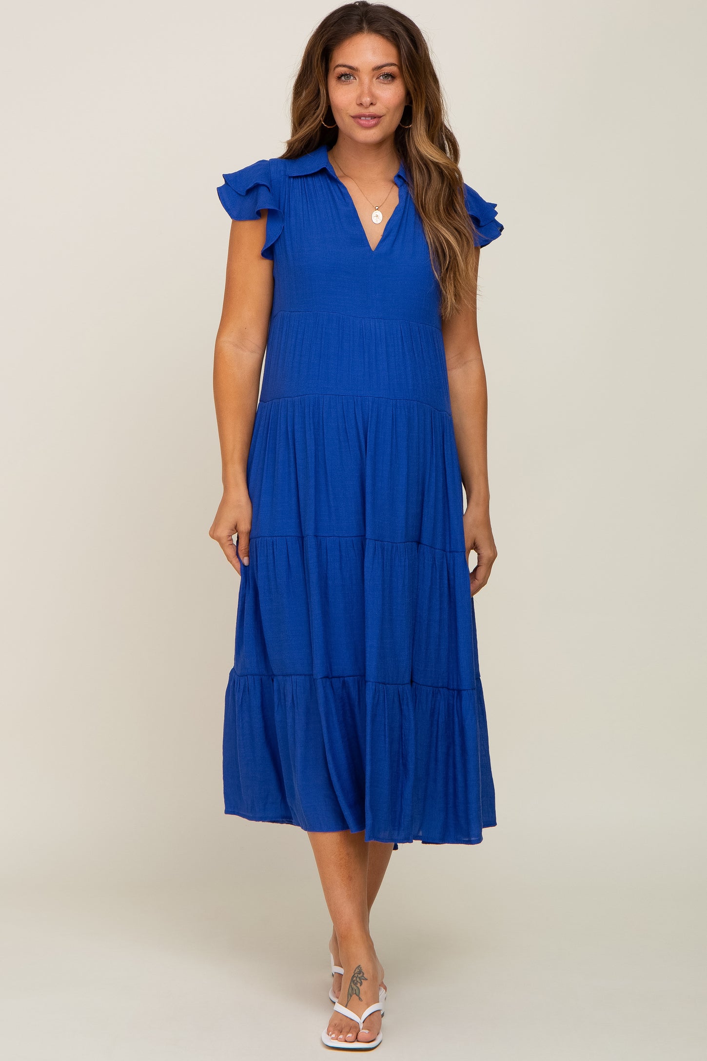Royal Blue Flutter Sleeve Tiered Maternity Midi Dress – PinkBlush