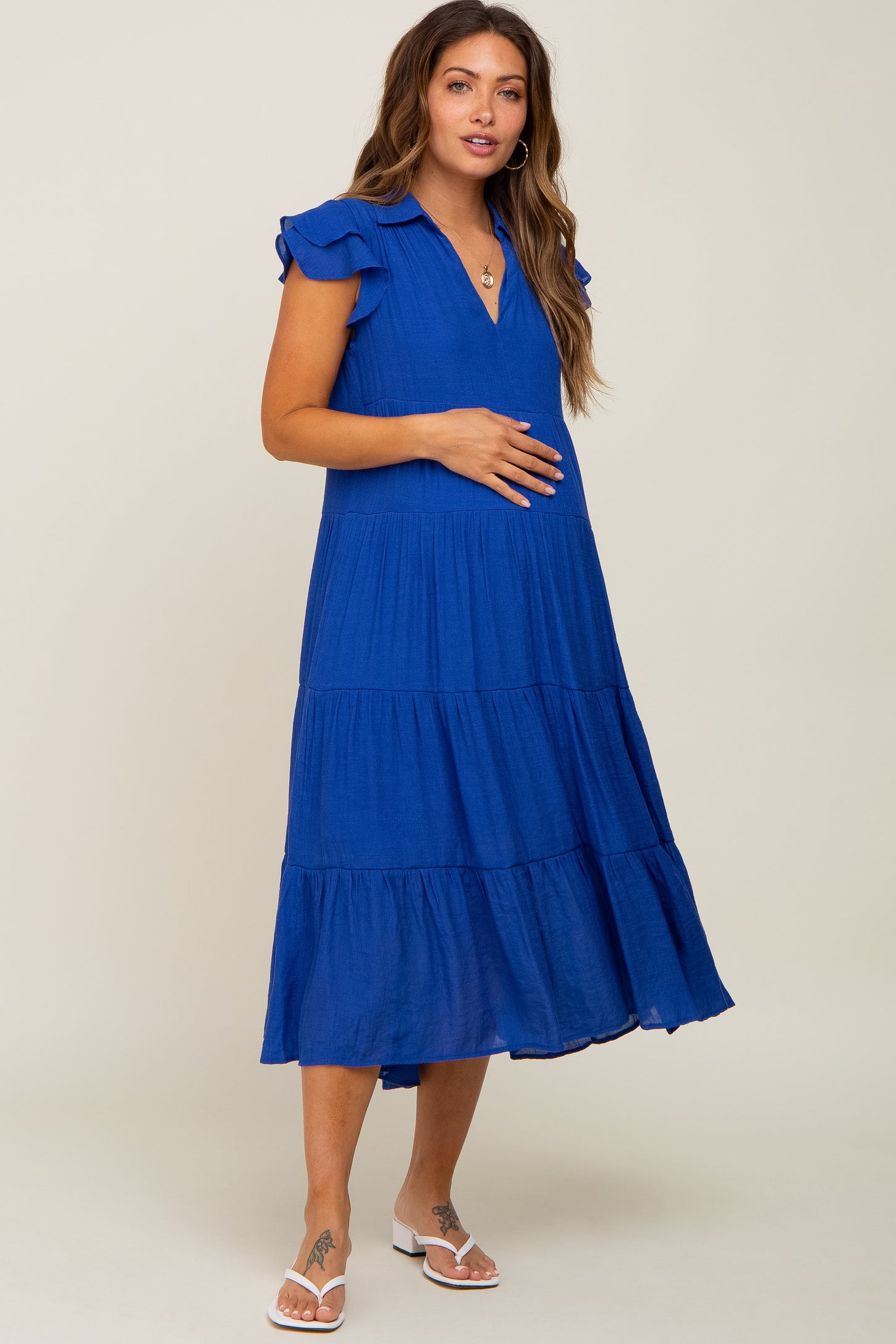 Royal Blue Flutter Sleeve Tiered Maternity Midi Dress– PinkBlush