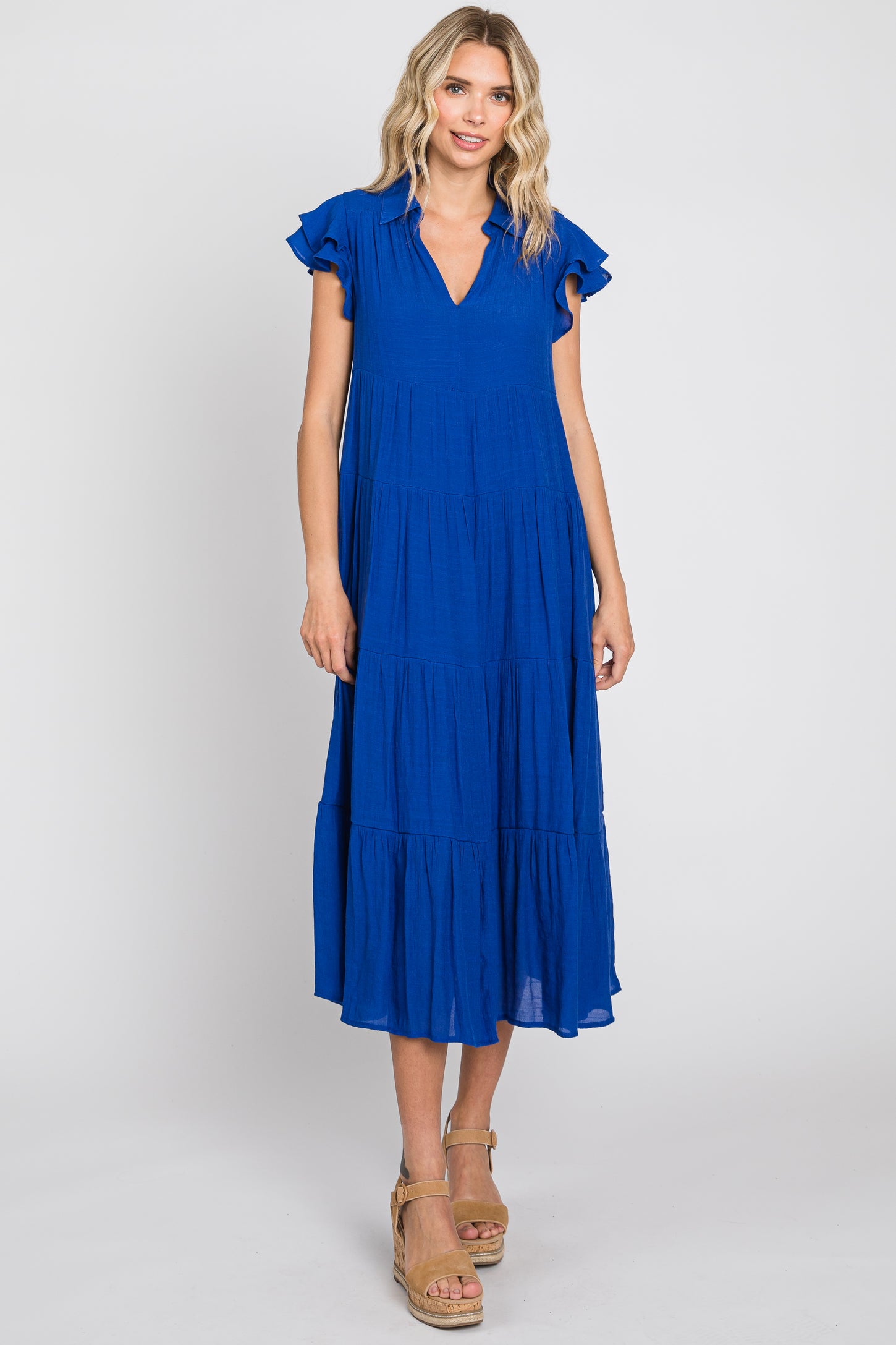 Royal Blue Flutter Sleeve Tiered Midi Dress– PinkBlush
