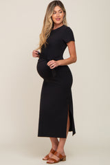 Black Front Tie Side Slit Maternity Midi Dress