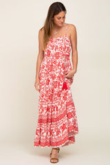 Red Floral Linen Tiered Maxi Dress