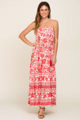 Red Floral Linen Tiered Maxi Dress