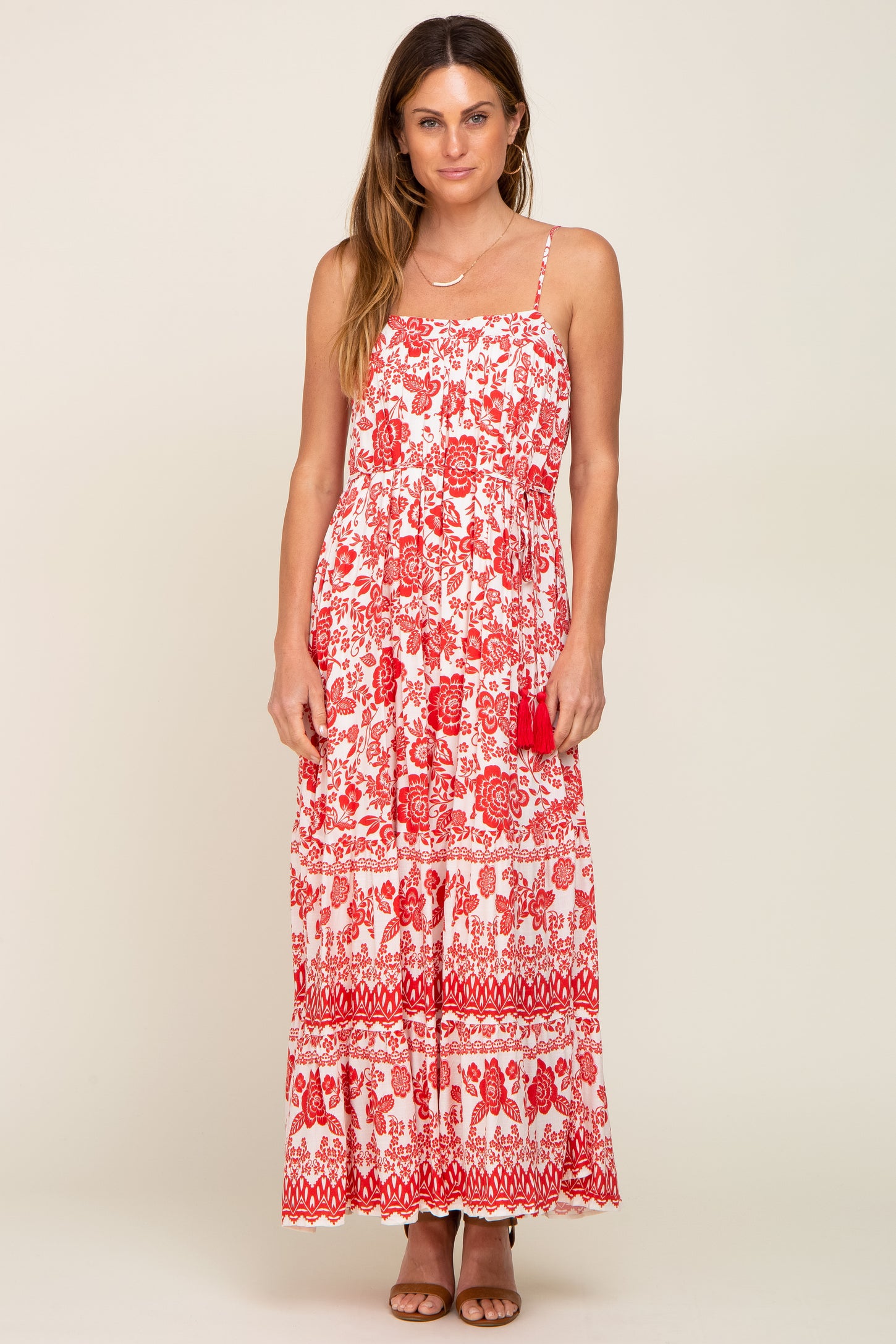 Red Floral Linen Tiered Maxi Dress Red Floral Linen Tiered Maxi Dress