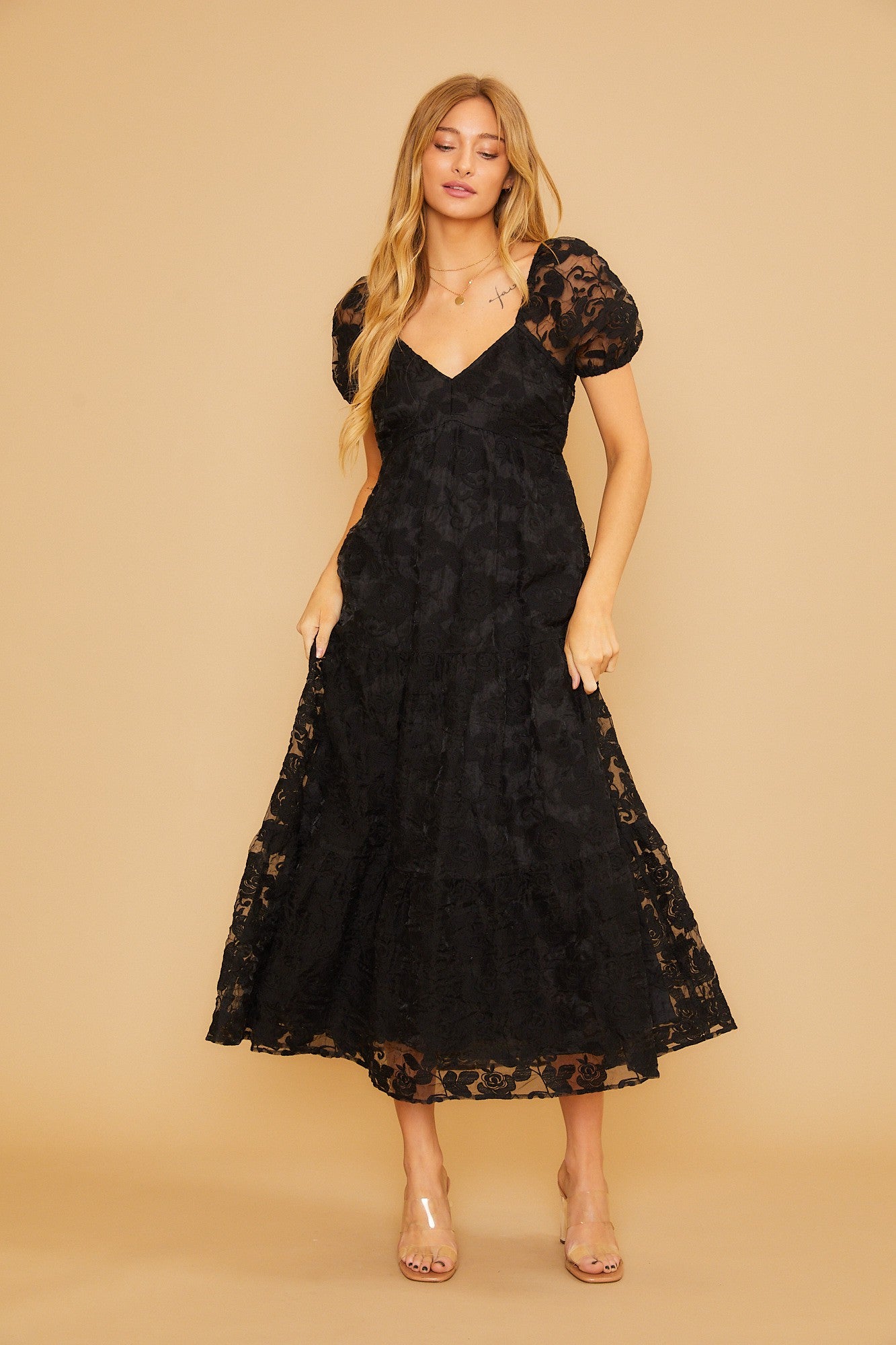 embroidered puff sleeve dress Cato Fashions