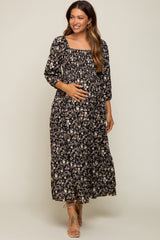Black Floral Smocked Tiered Maternity Midi Dress