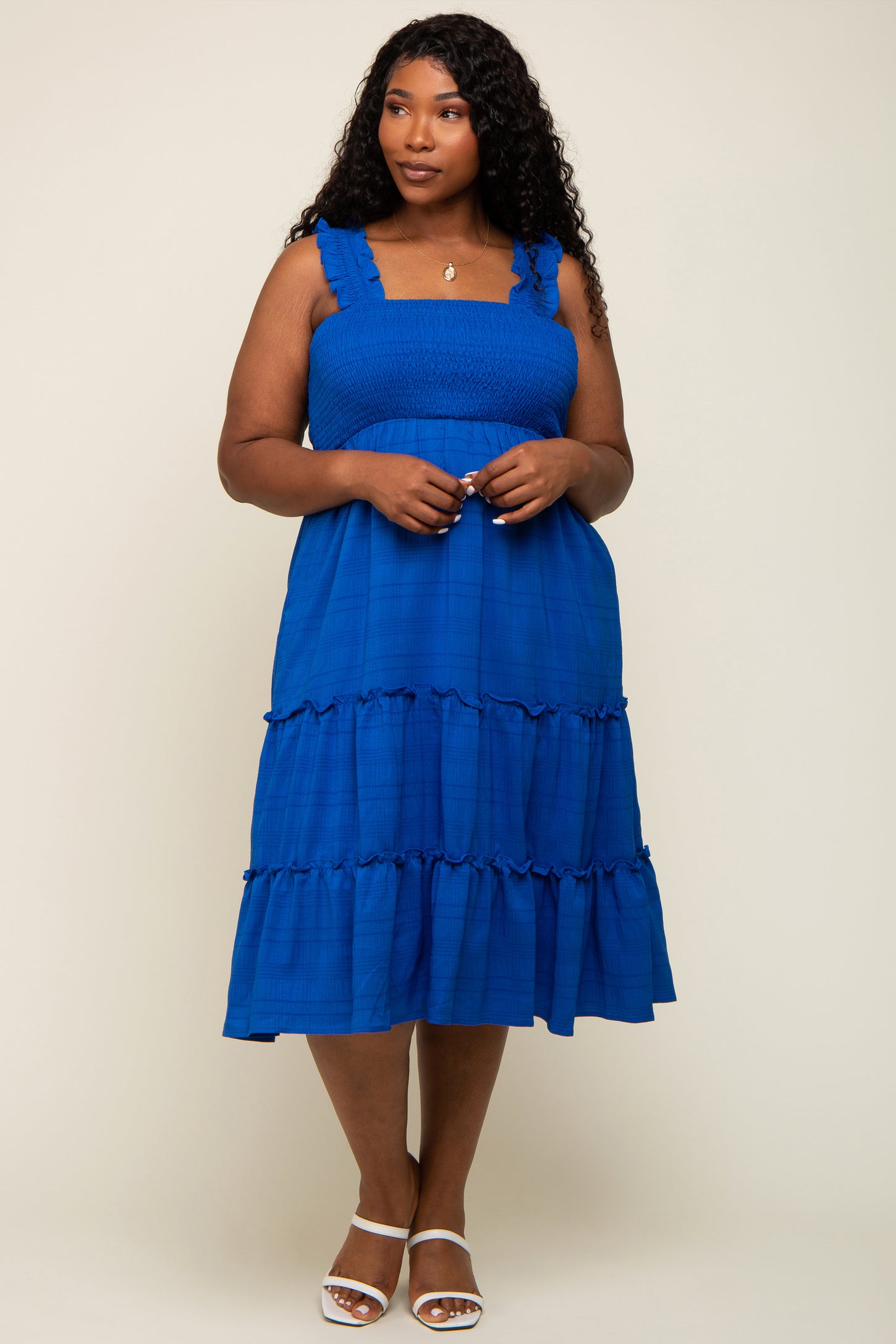 Royal Blue Smocked Square Neck Ruffle Strap Tiered Plus Midi Dress PinkBlush Royal Blue Smocked Square Neck Ruffle Strap Tiered Plus Midi Dress PinkBlush