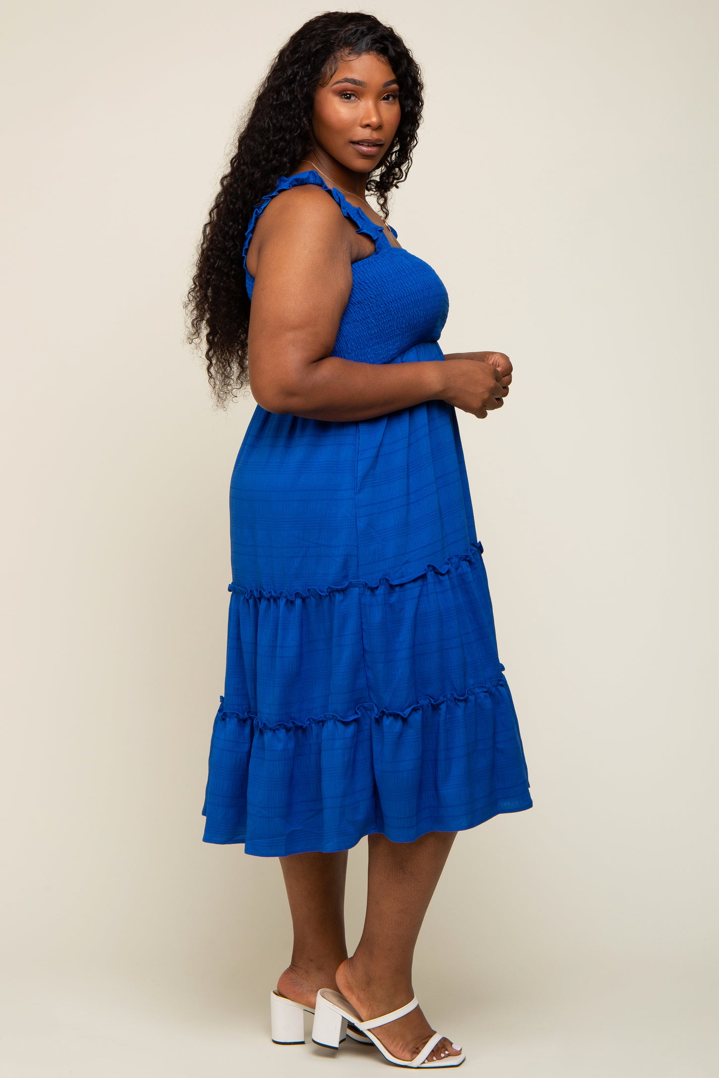 Royal Blue Smocked Square Neck Ruffle Strap Tiered Plus Midi Dress PinkBlush Royal Blue Smocked Square Neck Ruffle Strap Tiered Plus Midi Dress PinkBlush