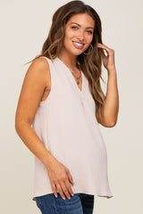 Beige Solid V-Neck Sleeveless Maternity Top